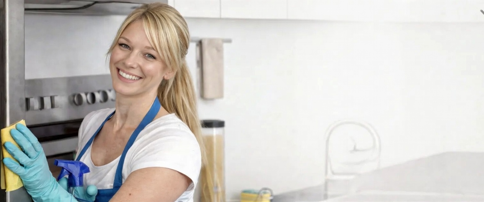 A smiling woman wearing a white top and blue apron, cleaning a kitchen appliance with yellow gloves, standing in a modern kitchen with a stove and sink in the background.